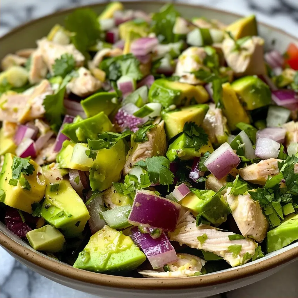 ['Salada de frango com abacate em um prato.', 'Close-up de uma salada cremosa com frango e abacate.', 'Salada saudável de frango e abacate colorida.', 'Prato de salada de frango com abacate e vegetais frescos.']