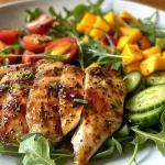 ['Salada de frango com manga, mostrando ingredientes frescos e coloridos.', 'Mistura de frango grelhado, manga, abacate e verduras em um prato.', 'Close em uma salada saudável com frango, manga e vegetais frescos.', 'Salada vibrante de frango, manga e legumes em uma tigela.']