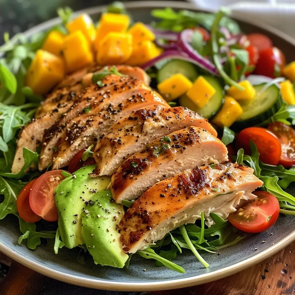 ['Salada de frango com manga, mostrando ingredientes frescos e coloridos.', 'Mistura de frango grelhado, manga, abacate e verduras em um prato.', 'Close em uma salada saudável com frango, manga e vegetais frescos.', 'Salada vibrante de frango, manga e legumes em uma tigela.']