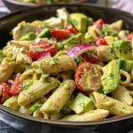 ['Salada de macarrão com abacate, frango e vegetais coloridos em uma tigela.', 'Close de uma salada saudável de macarrão com abacate e pedaços de frango.', 'Tigela de salada de macarrão integral com abacate, frango e tomates-cereja.', 'Salada cremosa de macarrão com abacate, frango e temperos frescos.']