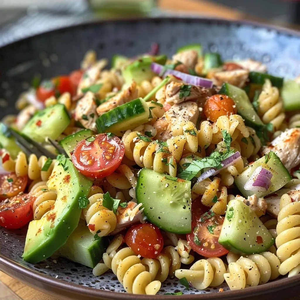 ['Salada de macarrão com abacate, frango e vegetais coloridos em uma tigela.', 'Close de uma salada saudável de macarrão com abacate e pedaços de frango.', 'Tigela de salada de macarrão integral com abacate, frango e tomates-cereja.', 'Salada cremosa de macarrão com abacate, frango e temperos frescos.']