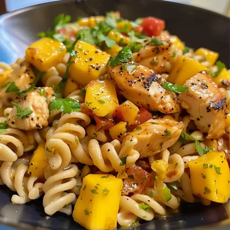['Salada de macarrão com frango grelhado e pedaços de manga.', 'Close de salada de macarrão com frango crocante e manga fresca.', 'Salada colorida de macarrão com frango suculento e cubos de manga.', 'Porção de salada de macarrão com frango e manga, vista lateral.']