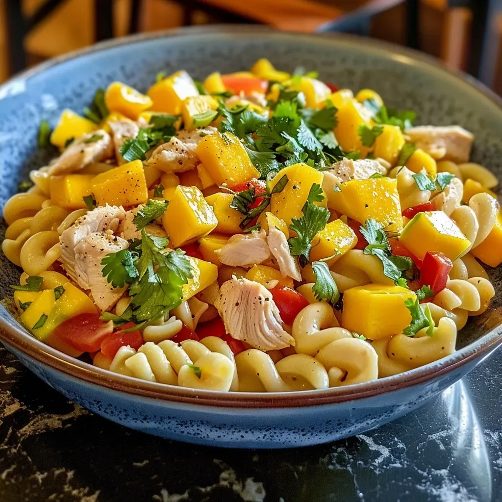 ['Salada de macarrão com frango grelhado e pedaços de manga.', 'Close de salada de macarrão com frango crocante e manga fresca.', 'Salada colorida de macarrão com frango suculento e cubos de manga.', 'Porção de salada de macarrão com frango e manga, vista lateral.']