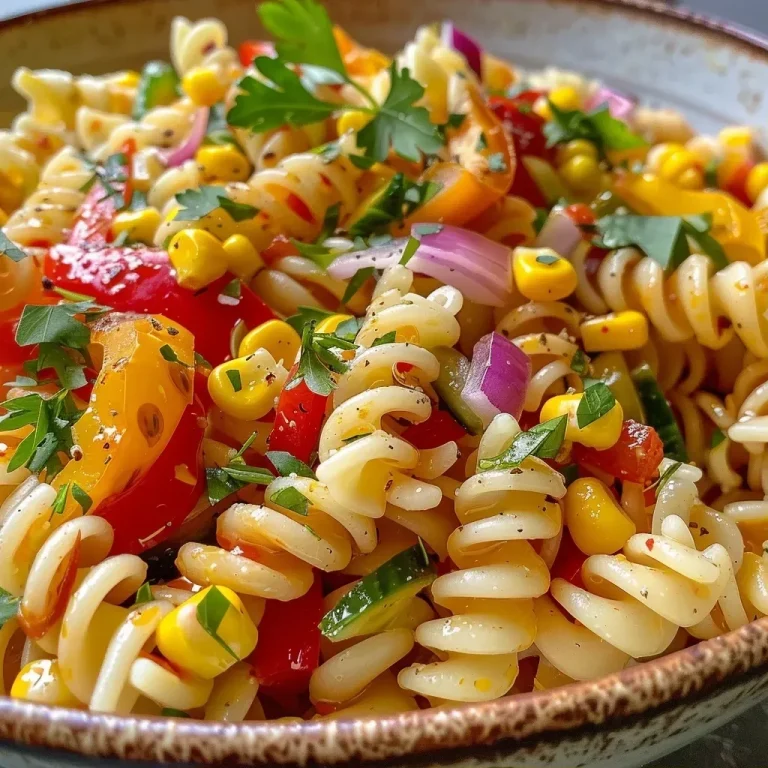 ['Salada de massa colorida com milho, pimentões e pepino.', 'Close de salada de fusilli com ingredientes frescos e coloridos.', 'Salada de pasta com milho e legumes frescos em um prato.', 'Detalhe de salada de massa com pimentões, cebola e salsinha.']