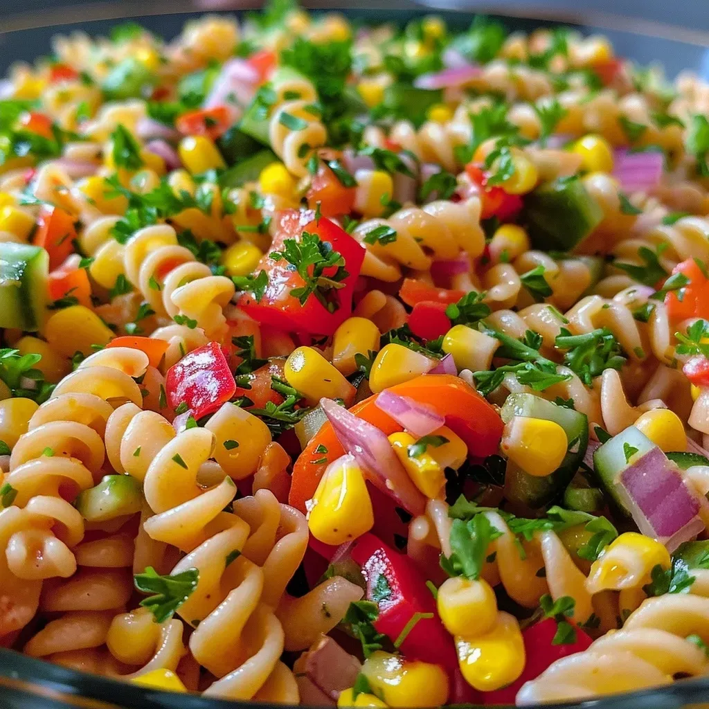 ['Salada de massa colorida com milho, pimentões e pepino.', 'Close de salada de fusilli com ingredientes frescos e coloridos.', 'Salada de pasta com milho e legumes frescos em um prato.', 'Detalhe de salada de massa com pimentões, cebola e salsinha.']