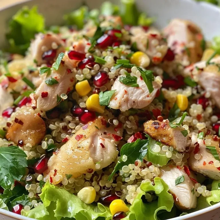 ['Salada de quinoa com frango apresentada em uma tigela.', 'Close de salada de quinoa com pedaços de frango grelhado.', 'Quinoa com frango e legumes frescos em uma travessa.', 'Salada colorida de quinoa com frango e ervas.']