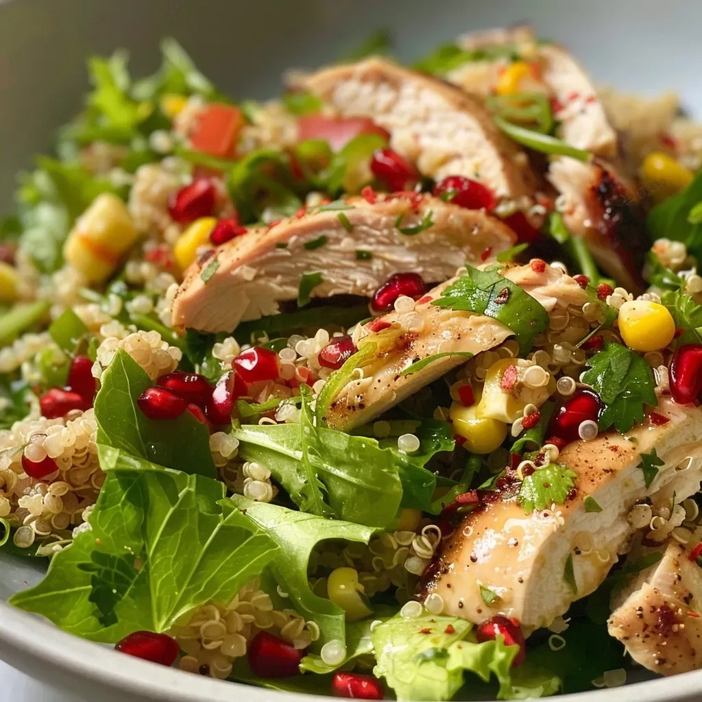 ['Salada de quinoa com frango apresentada em uma tigela.', 'Close de salada de quinoa com pedaços de frango grelhado.', 'Quinoa com frango e legumes frescos em uma travessa.', 'Salada colorida de quinoa com frango e ervas.']