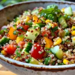 ['Salada de quinoa colorida com legumes frescos.', 'Close-up de uma salada de quinoa com molho de chalota.', 'Prato cheio de salada de quinoa de verão.', 'Salada vibrante de quinoa com vegetais variados.']