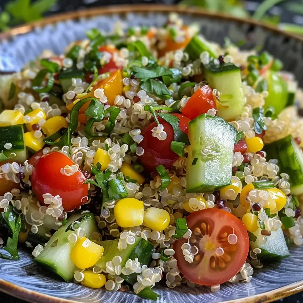 ['Salada de quinoa colorida com legumes frescos.', 'Close-up de uma salada de quinoa com molho de chalota.', 'Prato cheio de salada de quinoa de verão.', 'Salada vibrante de quinoa com vegetais variados.']