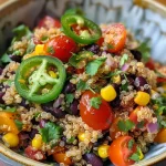 ['Salada de quinoa colorida com legumes frescos e grãos.', 'Close-up de uma salada de quinoa do sudoeste, com tomate e pimentão.', 'Quinoa misturada com feijão preto, milho e temperos diversos.', 'Salada de quinoa vibrante com ingredientes frescos e ervas.']