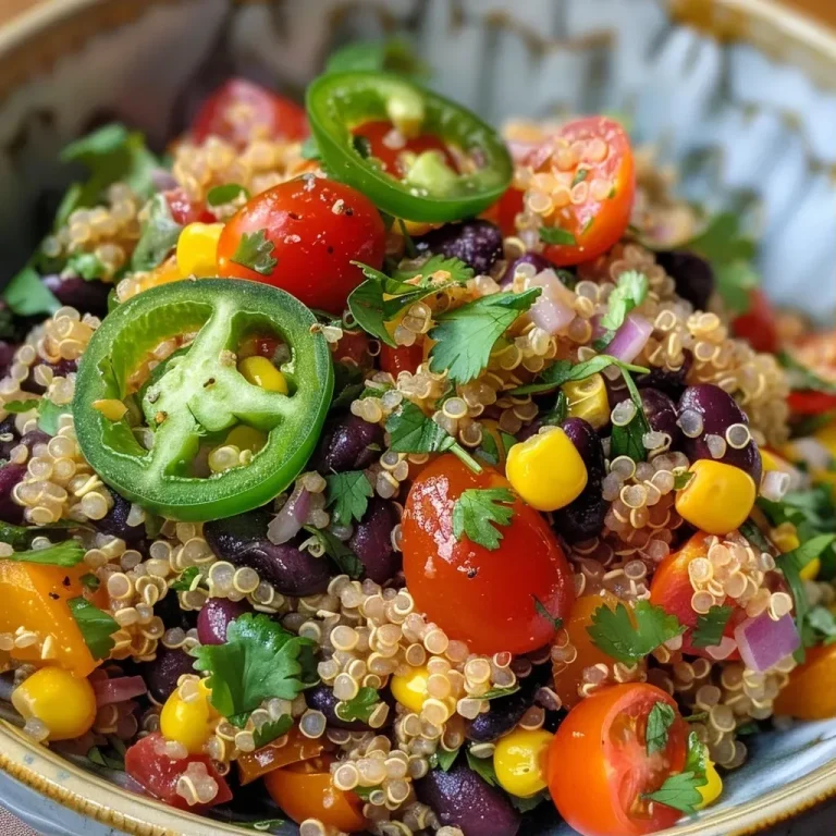 ['Salada de quinoa colorida com legumes frescos e grãos.', 'Close-up de uma salada de quinoa do sudoeste, com tomate e pimentão.', 'Quinoa misturada com feijão preto, milho e temperos diversos.', 'Salada de quinoa vibrante com ingredientes frescos e ervas.']