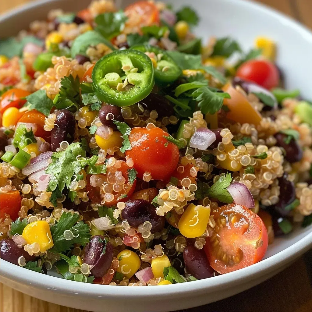 ['Salada de quinoa colorida com legumes frescos e grãos.', 'Close-up de uma salada de quinoa do sudoeste, com tomate e pimentão.', 'Quinoa misturada com feijão preto, milho e temperos diversos.', 'Salada de quinoa vibrante com ingredientes frescos e ervas.']