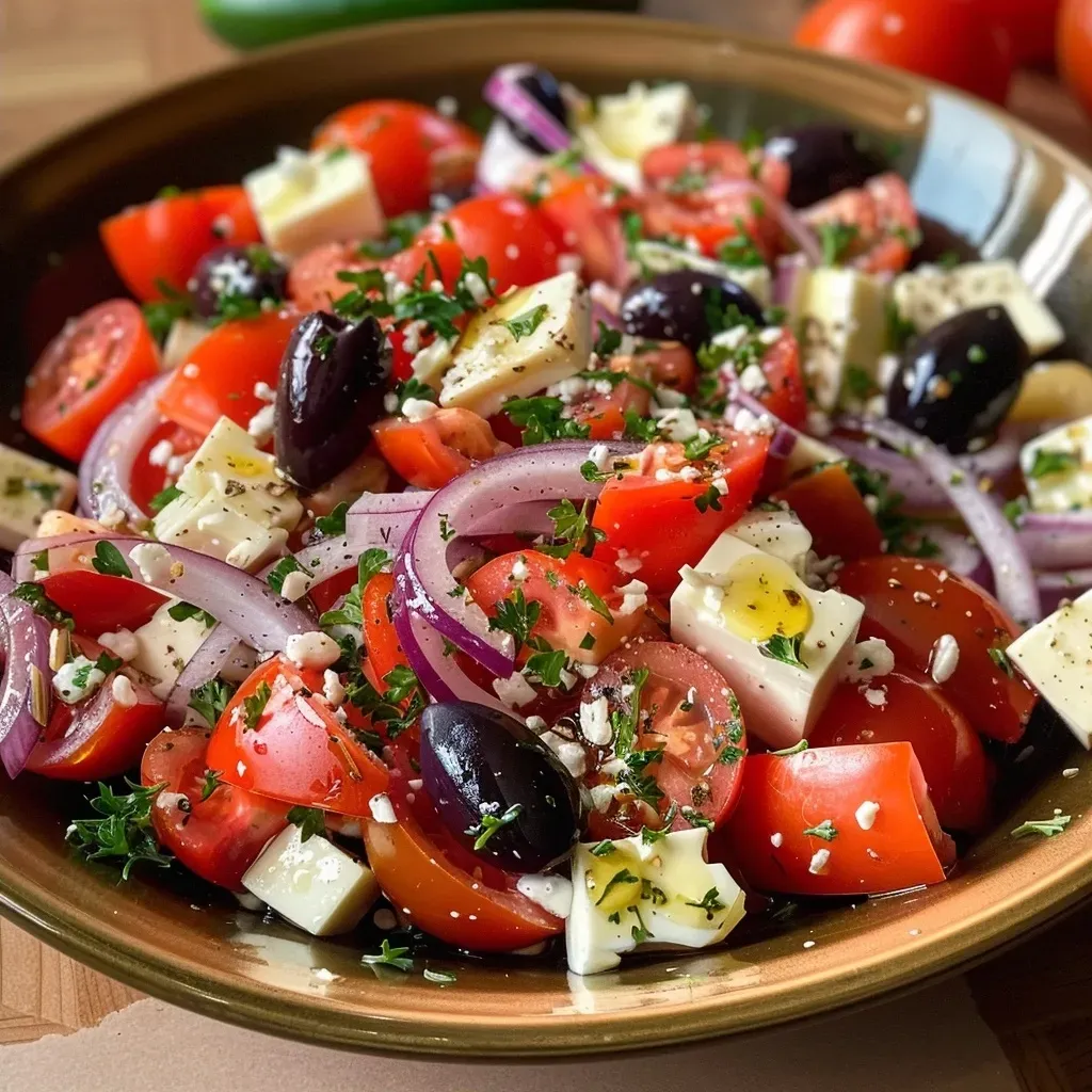 ['Salada grega de atum com vegetais frescos em uma tigela.', 'Close-up de uma salada grega de atum com tomates, azeitonas e queijo feta.', 'Salada grega colorida com atum, alface, pepino e cebola roxa.', 'Prato de salada grega de atum, mostrando ingredientes frescos e vibrantes.']