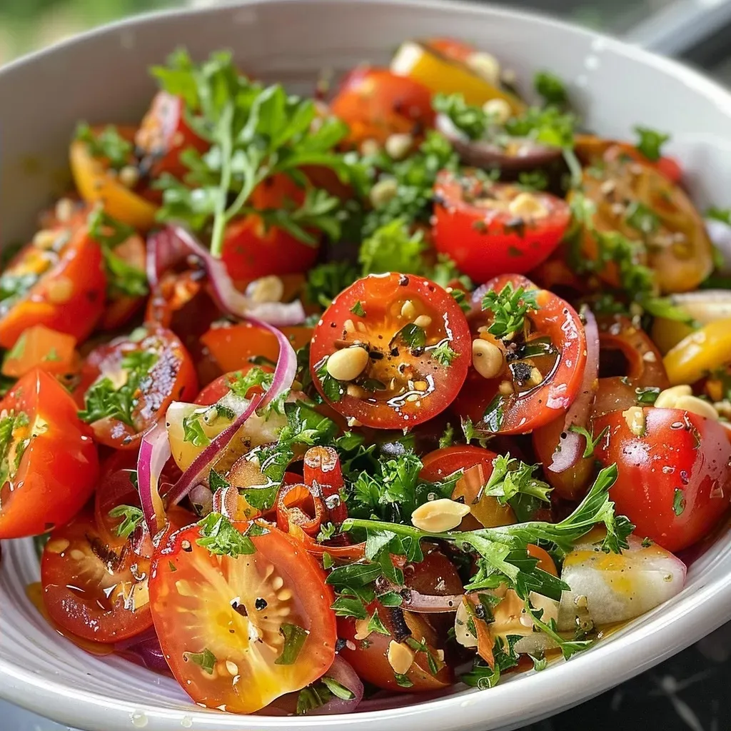 ['Salada colorida com folhas verdes, tomates, pepino e cebola.', 'Close-up de uma salada refrescante com ingredientes variados.', 'Prato de salada com mistura de folhas, tomates cherry e cebola roxa.', 'Salada rápida com vegetais frescos e molho de azeite.']