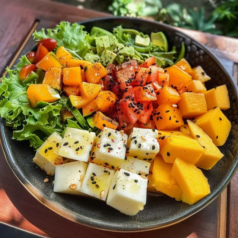 ['Salada tropical colorida com manga, abacaxi e folhas verdes.', 'Close de uma salada tropical com ingredientes frescos e vibrantes.', 'Salada tropical com cubos de manga, abacaxi e pimentão vermelho.', 'Prato de salada tropical com nozes e coco ralado em cima.']