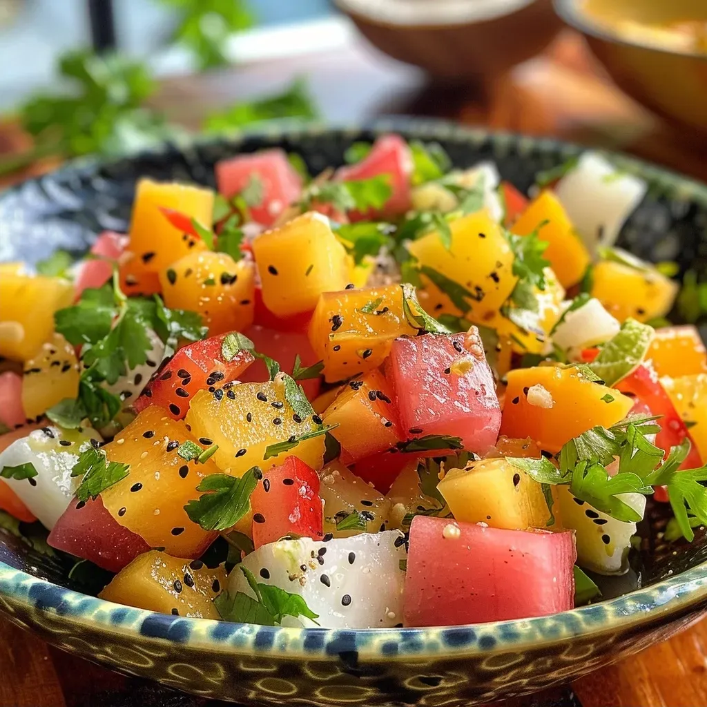 ['Salada tropical colorida com manga, abacaxi e folhas verdes.', 'Close de uma salada tropical com ingredientes frescos e vibrantes.', 'Salada tropical com cubos de manga, abacaxi e pimentão vermelho.', 'Prato de salada tropical com nozes e coco ralado em cima.']