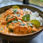 ['Filés de salmão ao curry de coco com molho de manteiga e alho.', 'Saboroso salmão envolto em curry de coco e decorado com coentro.', 'Prato de salmão ao curry de coco servido em uma panela.', 'Close de salmão ao curry de coco com alho e manteiga.']