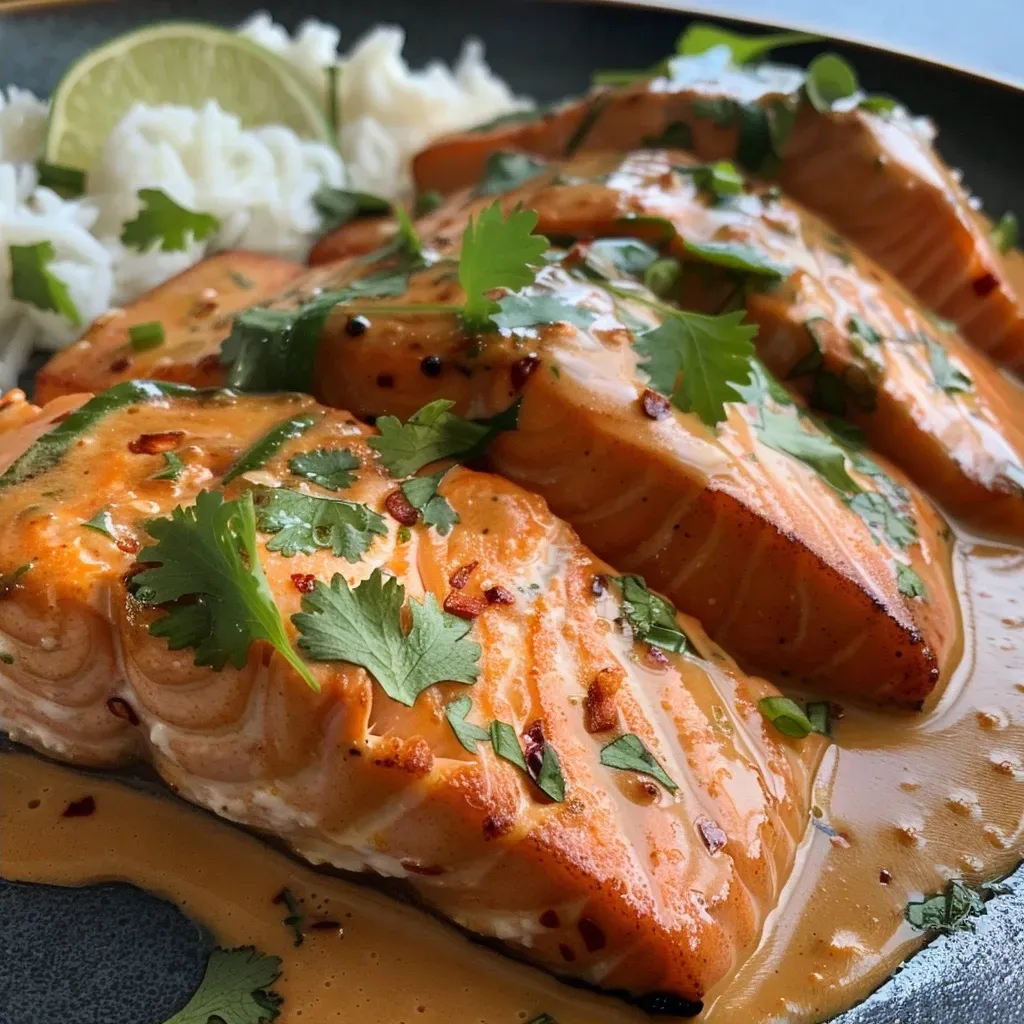 ['Filés de salmão ao curry de coco com molho de manteiga e alho.', 'Saboroso salmão envolto em curry de coco e decorado com coentro.', 'Prato de salmão ao curry de coco servido em uma panela.', 'Close de salmão ao curry de coco com alho e manteiga.']