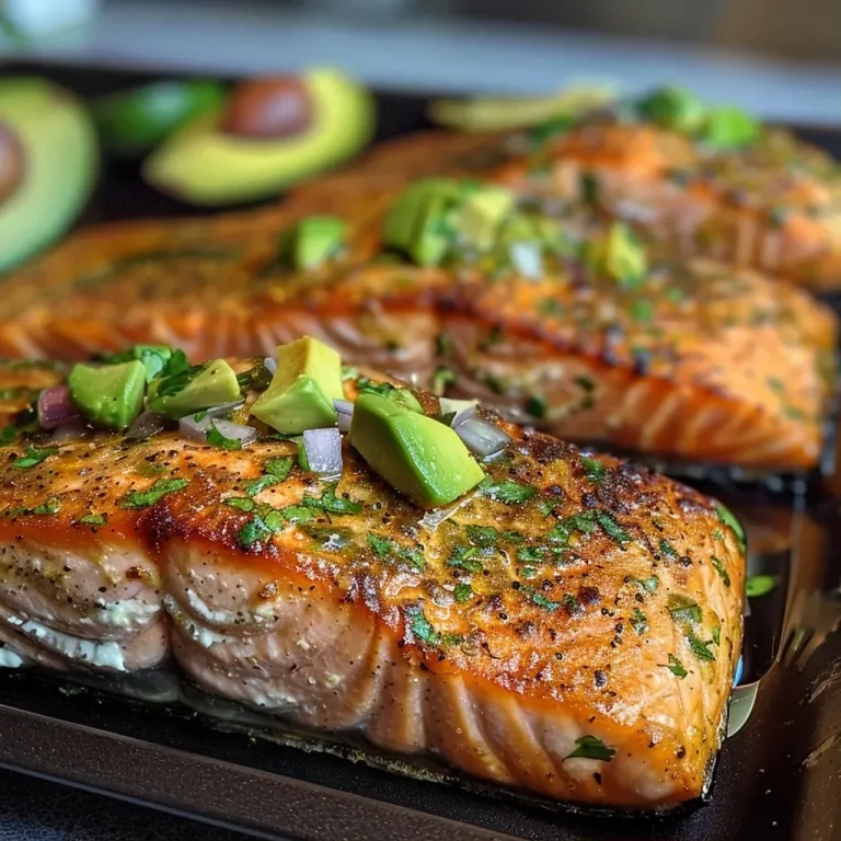 ['Filés de salmão assado com salsa de abacate ao lado.', 'Close-up de salmão grelhado acompanhado de salsa colorida.', 'Porção suculenta de salmão assado com abacate e tomate.', 'Salmão assado decorado com salsa de abacate fresca.']