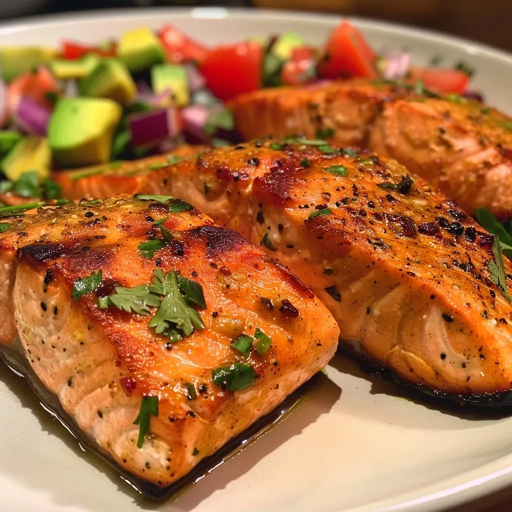 ['Filés de salmão assado com salsa de abacate ao lado.', 'Close-up de salmão grelhado acompanhado de salsa colorida.', 'Porção suculenta de salmão assado com abacate e tomate.', 'Salmão assado decorado com salsa de abacate fresca.']