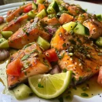 ['Filés de salmão grelhado com salada colorida de manga e abacate.', 'Prato de salmão grelhado acompanhado de salada fresca de manga e abacate.', 'Close de filé de salmão com salada de manga, abacate e vegetais.', 'Salmão grelhado servido com salada de manga e abacate em uma mesa.']