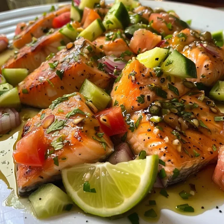 ['Filés de salmão grelhado com salada colorida de manga e abacate.', 'Prato de salmão grelhado acompanhado de salada fresca de manga e abacate.', 'Close de filé de salmão com salada de manga, abacate e vegetais.', 'Salmão grelhado servido com salada de manga e abacate em uma mesa.']