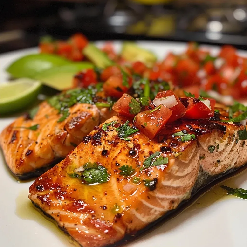 ['Filé de salmão grelhado com salsa de abacate fresca.', 'Prato saudável de salmão grelhado com guarnição de abacate.', 'Close de salmão grelhado coberto por salsa de abacate.', 'Salmão grelhado servido com salsa colorida de abacate.']