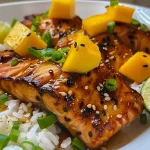 ['Salmão Teriyaki coberto com manga em fatias.', 'Filé de salmão grelhado ao lado de pedaços de manga.', 'Prato de salmão Teriyaki com molho e frutas tropicais.', 'Salmão suculento com manga em uma apresentação colorida.']