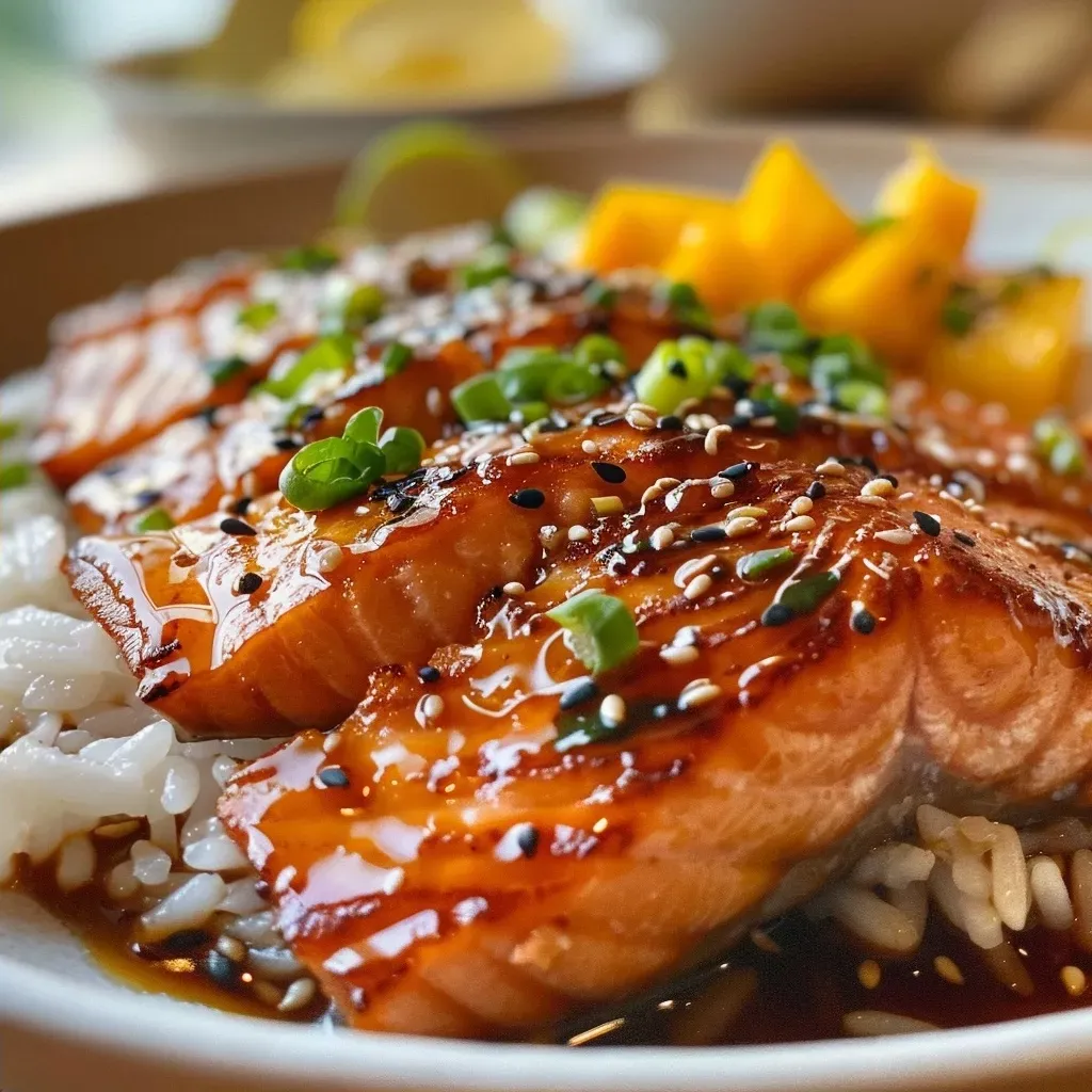 ['Salmão Teriyaki coberto com manga em fatias.', 'Filé de salmão grelhado ao lado de pedaços de manga.', 'Prato de salmão Teriyaki com molho e frutas tropicais.', 'Salmão suculento com manga em uma apresentação colorida.']
