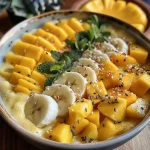 ['Smoothie bowl de manga com frutas e granola.', 'Tigela de smoothie de manga decorada com toppings.', 'Close-up de um smoothie bowl colorido de manga.', 'Smoothie bowl de manga com ingredientes frescos.']