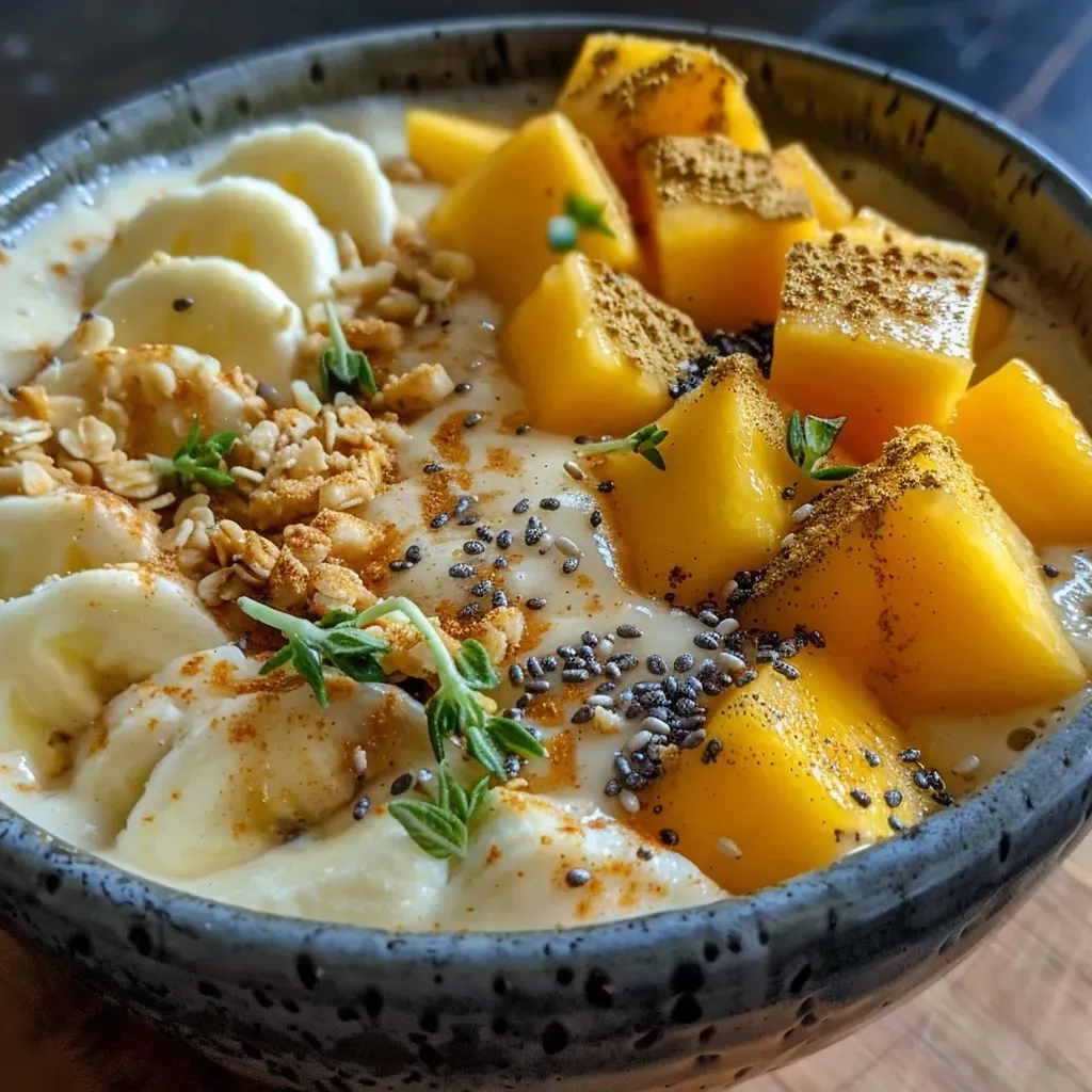 ['Smoothie bowl de manga com frutas e granola.', 'Tigela de smoothie de manga decorada com toppings.', 'Close-up de um smoothie bowl colorido de manga.', 'Smoothie bowl de manga com ingredientes frescos.']