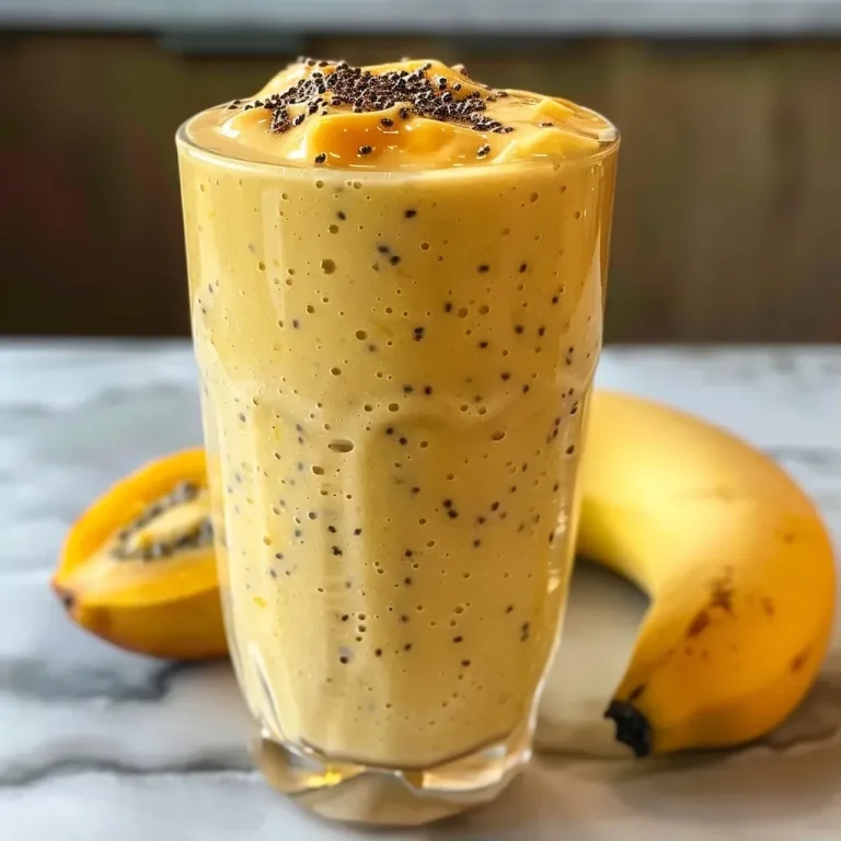 ['Smoothie de manga e maracujá em copo, com pedaços de frutas visíveis.', 'Copo de smoothie amarelo vibrante, decorado com pedaços de manga e maracujá.', 'Close-up de smoothie cremoso de manga e maracujá, com gelo ao fundo.', 'Vista lateral de um smoothie refrescante com textura espessa e colorida.']
