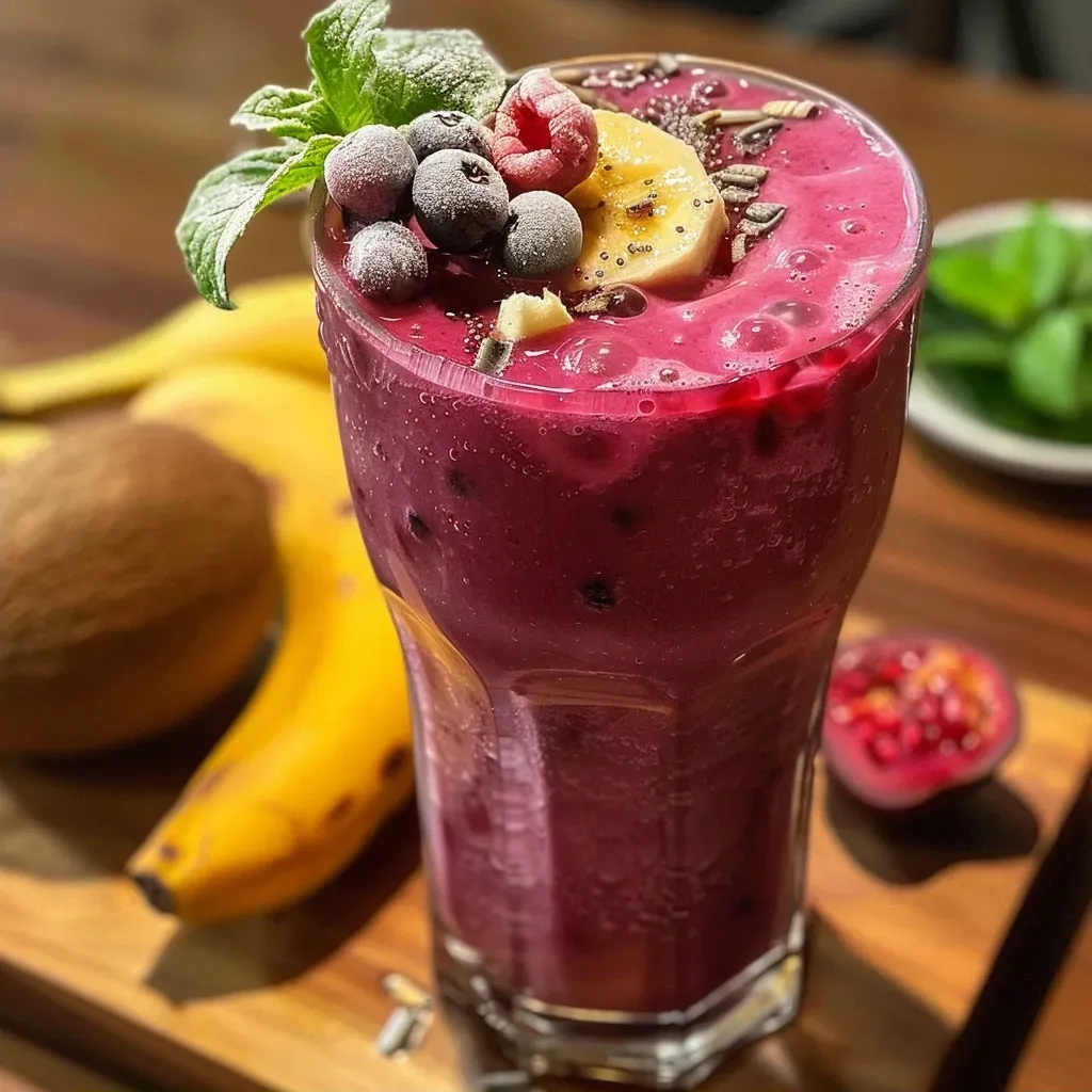 ['Smoothie de manga e maracujá em copo, com pedaços de frutas visíveis.', 'Copo de smoothie amarelo vibrante, decorado com pedaços de manga e maracujá.', 'Close-up de smoothie cremoso de manga e maracujá, com gelo ao fundo.', 'Vista lateral de um smoothie refrescante com textura espessa e colorida.']