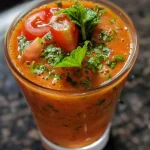 ['Smoothie de tomate com pepino e aipo em um copo.', 'Bebida refrescante de tomate e vegetais em close.', 'Smoothie de tomate servido com gelo em copo.', 'Copo de smoothie de tomate e aipo, vista lateral.']
