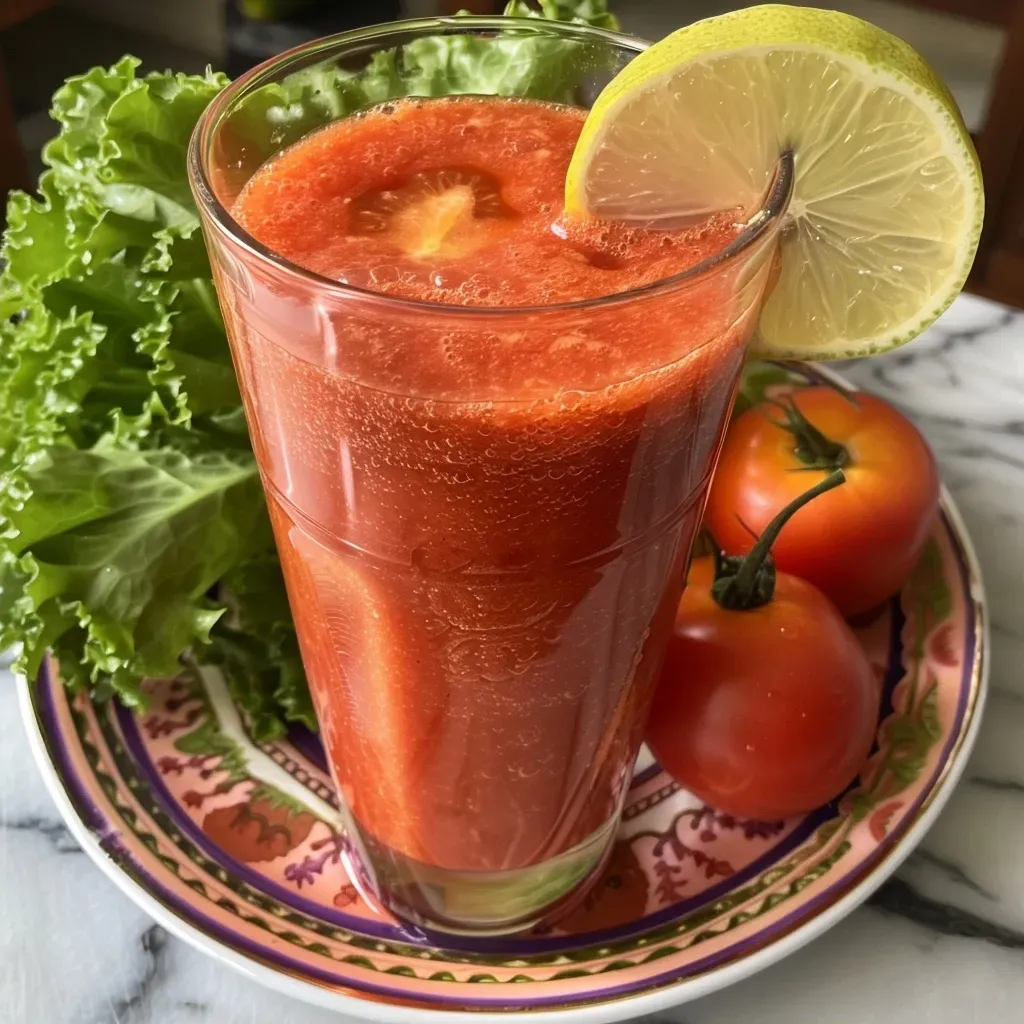 ['Smoothie de tomate em um copo, com ingredientes frescos ao fundo.', 'Close-up de um smoothie vermelho vibrante à base de tomate.', 'Bebida saudável de tomate com vegetais e ervas ao redor.', 'Vista lateral de um smoothie de tomate, exibindo sua textura cremosa.']