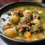 ['Sopa de albóndigas de milho em um prato, com legumes coloridos.', 'Close-up de sopa de albóndigas de maíz, mostrando a textura dos ingredientes.', 'Tigela de sopa de albóndigas de milho, com ervas frescas ao redor.', 'Detalhe de sopa de albóndigas, evidenciando os pedaços de carne e vegetais.']