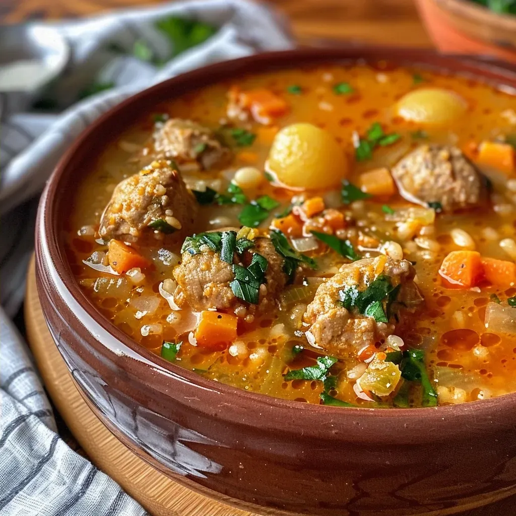 ['Sopa de albóndigas de milho em um prato, com legumes coloridos.', 'Close-up de sopa de albóndigas de maíz, mostrando a textura dos ingredientes.', 'Tigela de sopa de albóndigas de milho, com ervas frescas ao redor.', 'Detalhe de sopa de albóndigas, evidenciando os pedaços de carne e vegetais.']