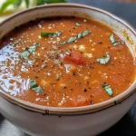 ['Sopa de tomate alta em proteínas em uma tigela, com pedaços de tomate e queijo parmesão.', 'Close de uma sopa cremosa de tomate, decorada com folhas de manjericão e queijo.', 'Tigela de sopa de tomate fumegante com ingredientes frescos visíveis em cima.', 'Sopa de tomate rica em proteínas, com textura cremosa e ervas aromáticas.']