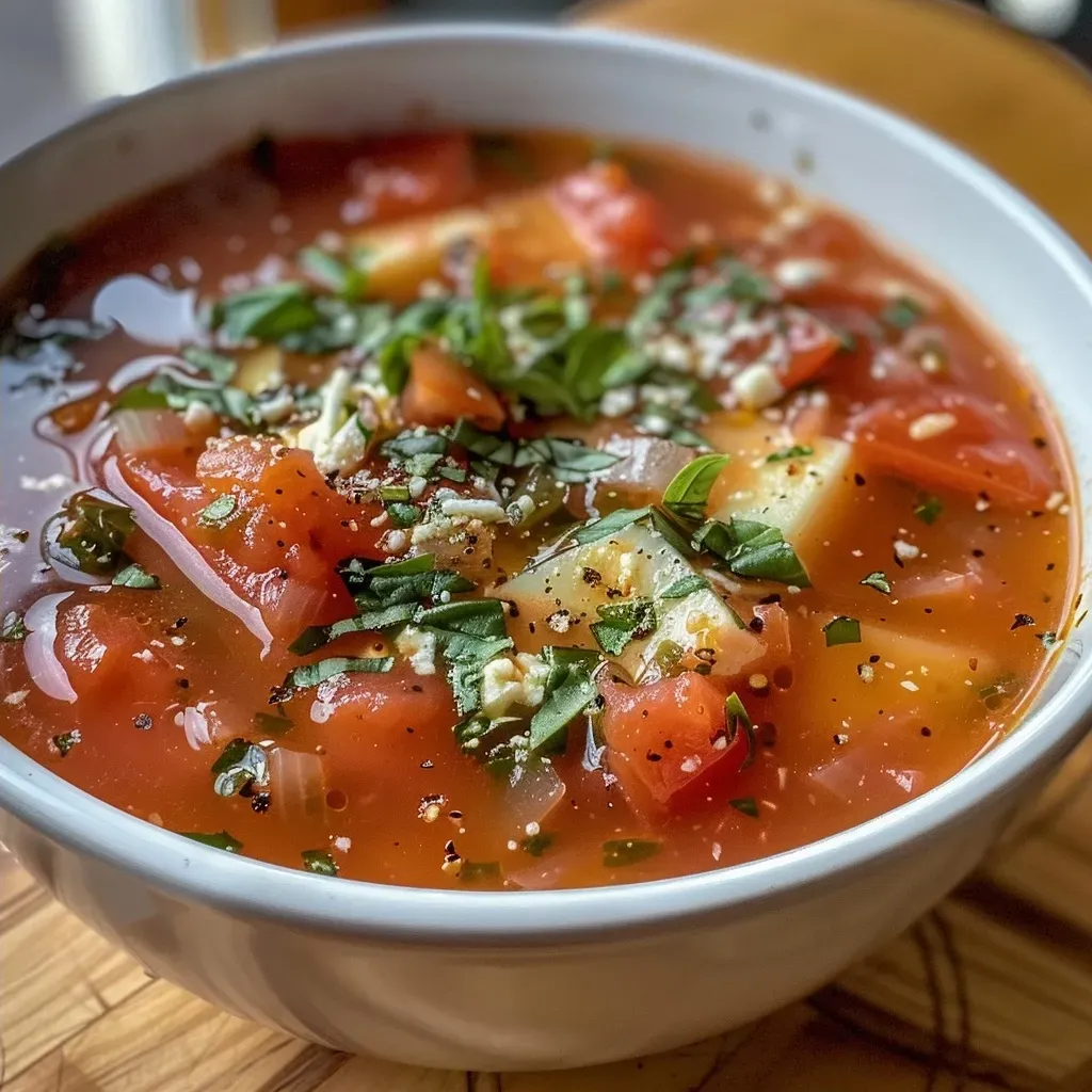 ['Sopa de tomate alta em proteínas em uma tigela, com pedaços de tomate e queijo parmesão.', 'Close de uma sopa cremosa de tomate, decorada com folhas de manjericão e queijo.', 'Tigela de sopa de tomate fumegante com ingredientes frescos visíveis em cima.', 'Sopa de tomate rica em proteínas, com textura cremosa e ervas aromáticas.']