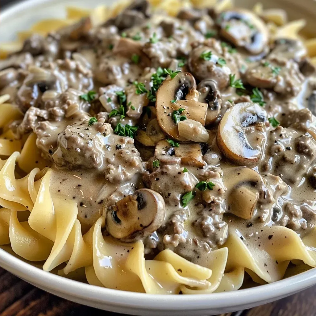 ['Prato de Stroganoff de Carne com molho cremoso.', 'Close de um Stroganoff de Carne rico em proteínas.', 'Prato saboroso de Stroganoff de Carne servido com macarrão.', 'Carne moída em molho cremoso com cogumelos e macarrão.']