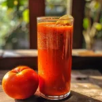 ['Copo de suco de tomate fresco em um fundo neutro.', 'Close de um suco de tomate servido em copo transparente.', 'Suco de tomate com limão em copo, decorado com fatia de tomate.', 'Suco de tomate vibrante em um copo gelado em uma mesa.']