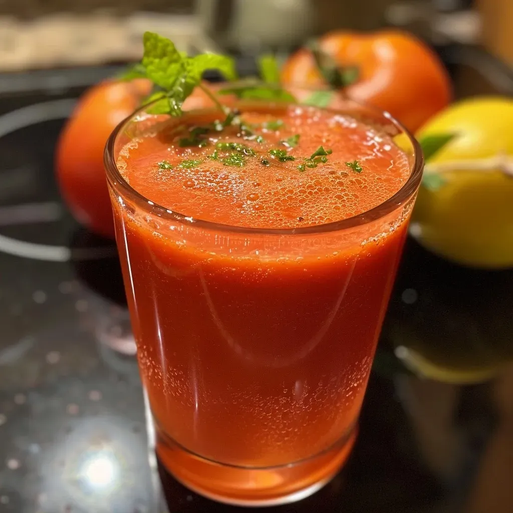 ['Copo de suco de tomate fresco em um fundo neutro.', 'Close de um suco de tomate servido em copo transparente.', 'Suco de tomate com limão em copo, decorado com fatia de tomate.', 'Suco de tomate vibrante em um copo gelado em uma mesa.']