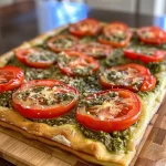 ['Tarta com pesto e tomates, vista lateral, mostrando textura suculenta.', 'Close-up de uma tarta de pesto com fatias de tomate, destacando cores vibrantes.', 'Tarta saborosa com cobertura de pesto e fatias de tomate, vista de lado.', 'Detalhe de uma tarta de tomates e pesto, mostrando a crocância da massa.']
