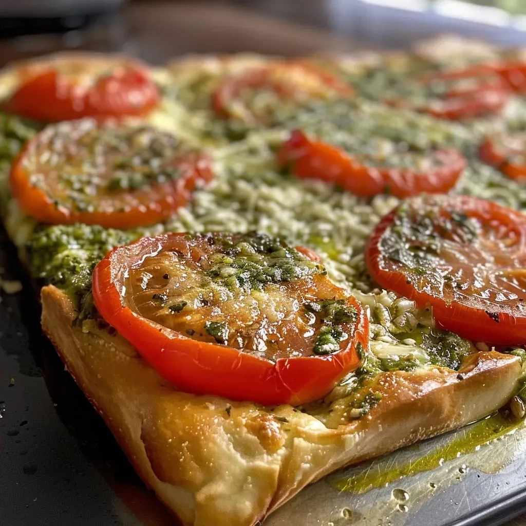 ['Tarta com pesto e tomates, vista lateral, mostrando textura suculenta.', 'Close-up de uma tarta de pesto com fatias de tomate, destacando cores vibrantes.', 'Tarta saborosa com cobertura de pesto e fatias de tomate, vista de lado.', 'Detalhe de uma tarta de tomates e pesto, mostrando a crocância da massa.']