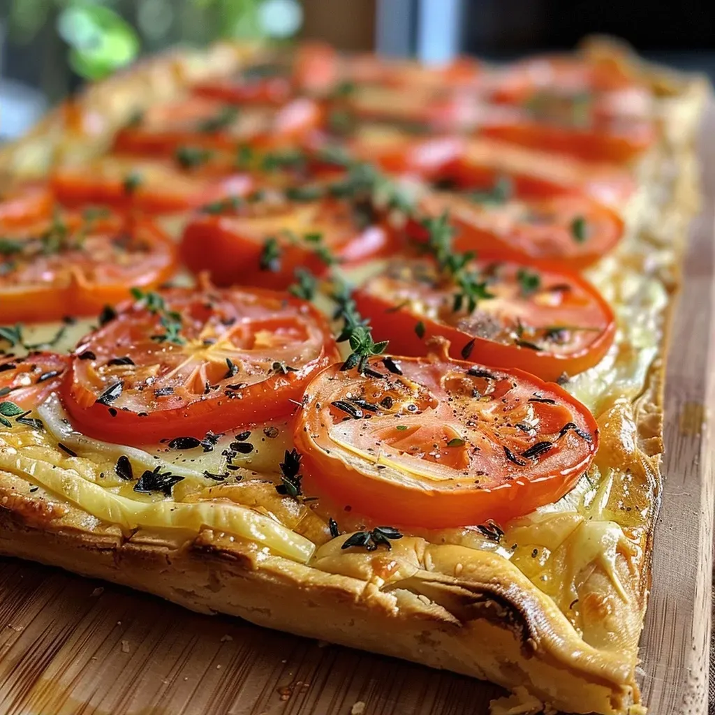 ['Tarte rustique de tomates e queijo de cabra com crosta dourada.', 'Close-up de uma tarte rústica recheada com tomates e queijo de cabra.', 'Tarte de tomate e queijo de cabra, mostrando a textura suculenta.', 'Vista lateral de uma tarte rústica com tomates frescos e queijo de cabra.']