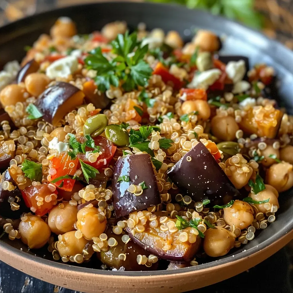 ['Tigela mediterrânea de berinjela com grãos e legumes.', 'Close de uma tigela saudável com berinjela e grãos.', 'Prato colorido de berinjela, grãos e ovo cozido.', 'Bowl de berinjela mediterrânea com ingredientes variados.']