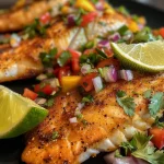 ['Filé de tilápia assada com salsa de manga ao lado.', 'Prato de tilápia assada acompanhado de salsa de manga fresca.', 'Close de tilápia assada com uma colorida salsa de manga.', 'Tilápia assada servida com salsa de manga e vegetais picados.']