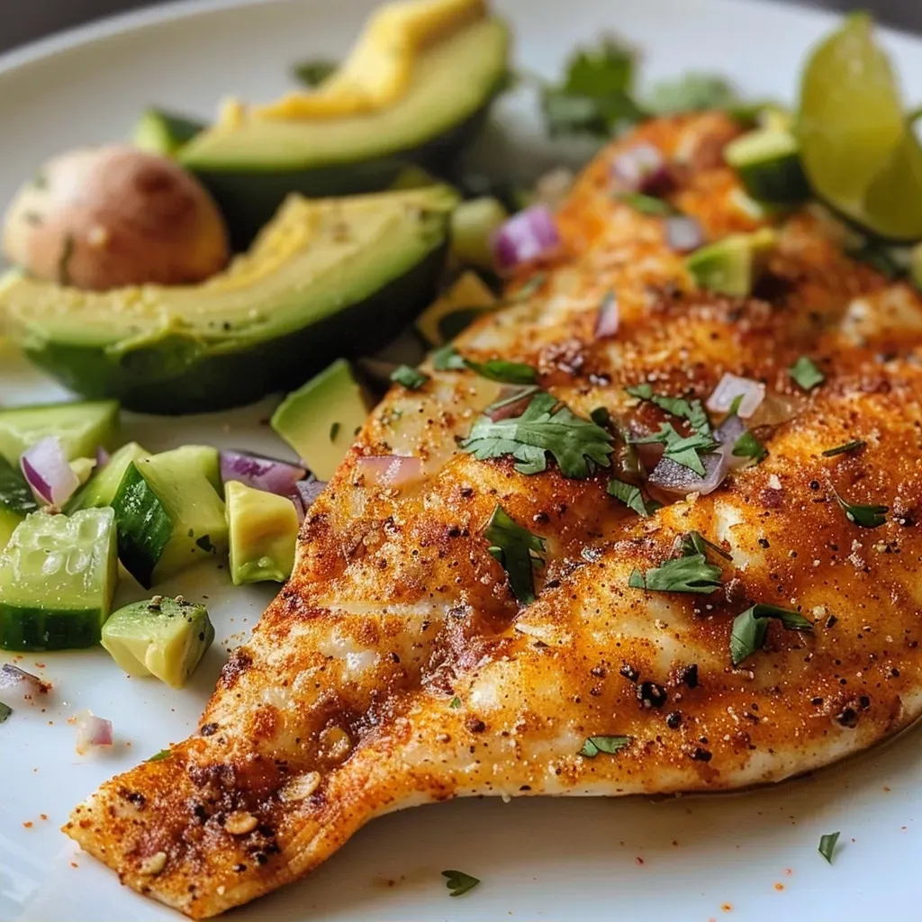 ['Filé de tilápia grelhado com salsa de pepino e abacate.', 'Prato de tilápia com temperos, acompanhado de salsa fresca.', 'Close de tilápia blackened com mix de pepino e abacate.', 'Tilápia suculenta com salsa colorida de pepino e abacate.']