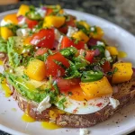 ['Torrada de abacate com salsa de manga e ovos.', 'Close-up de torrada de abacate com ingredientes frescos.', 'Prato de torrada de abacate com salsa colorida.', 'Torrada de abacate com salsa de manga e microgreens.']