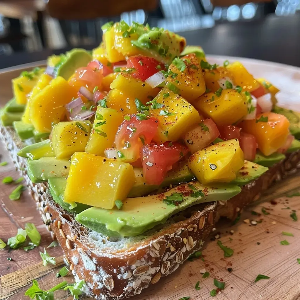 ['Torrada de abacate com salsa de manga e ovos.', 'Close-up de torrada de abacate com ingredientes frescos.', 'Prato de torrada de abacate com salsa colorida.', 'Torrada de abacate com salsa de manga e microgreens.']